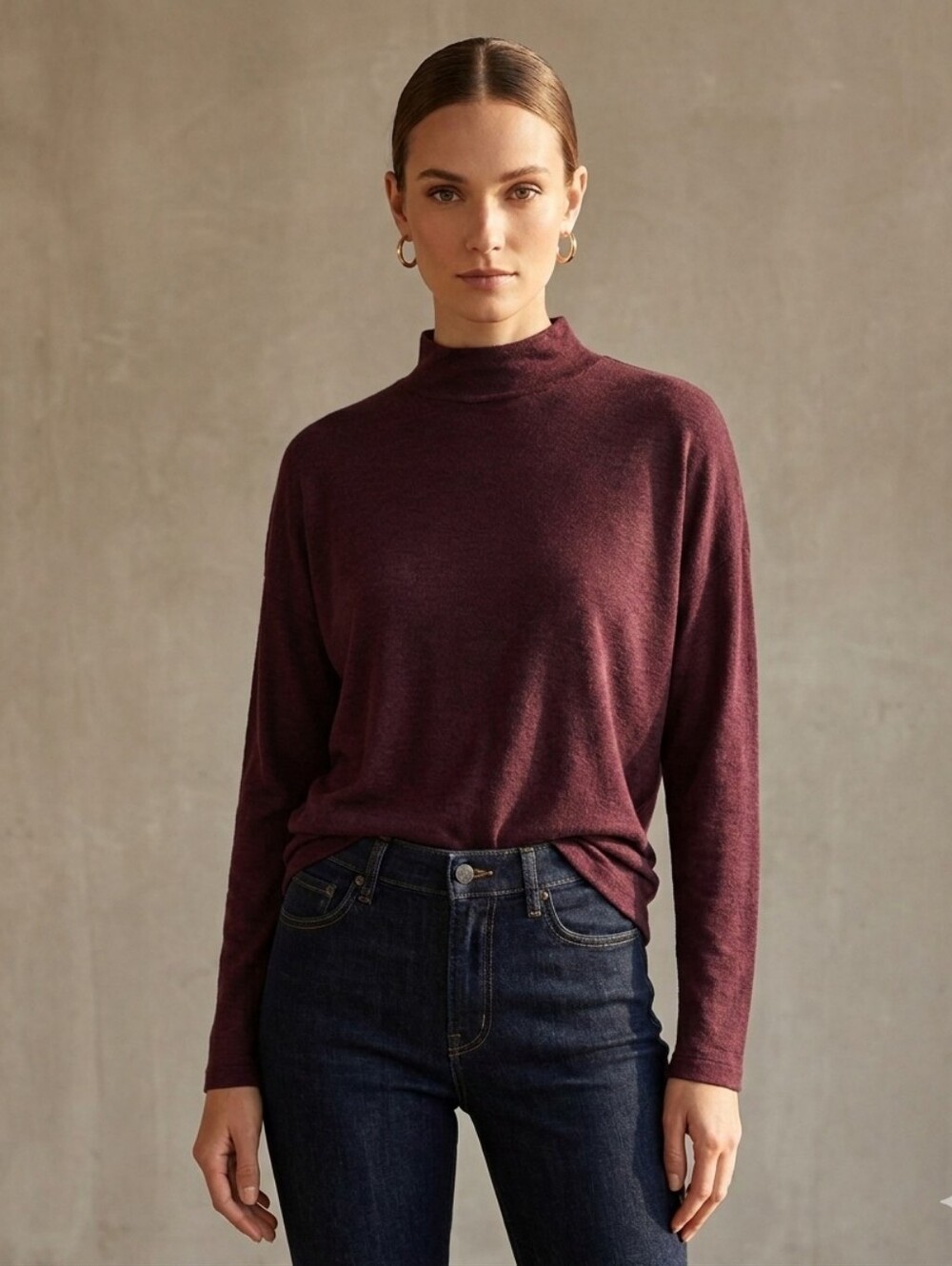 Kit & Ace Burgundy Top Long Sleeve Mock Neck Viscose Cashmere Blend